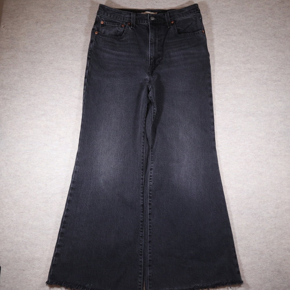 Levis Premium Ribcage Bell Jeans Womens 30 Black High Rise Flare Wide Leg Raw